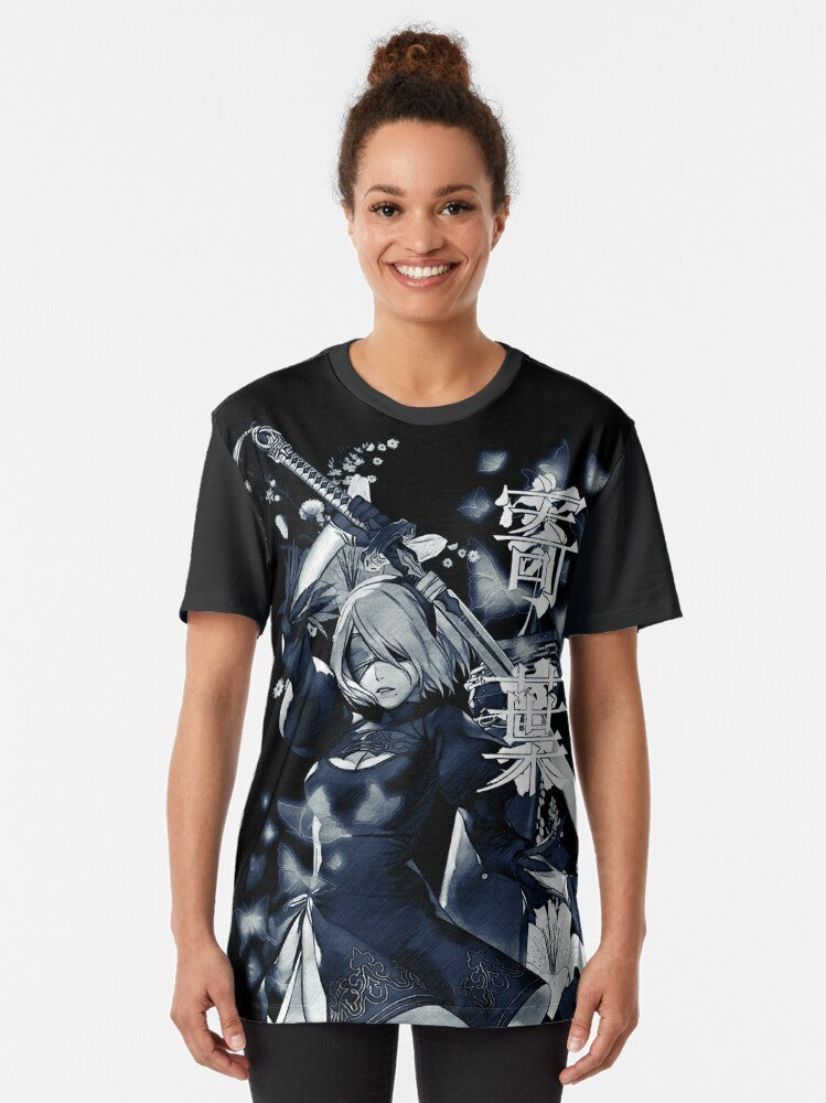 A fantasy-inspired graphic t-shirt featuring the Nier Automata character 2B in a floral and dark design. - Women