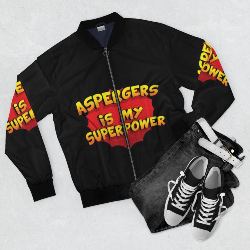 Aspergers is my Superpower - Autism Awareness Bomber Jacket - Flat lay