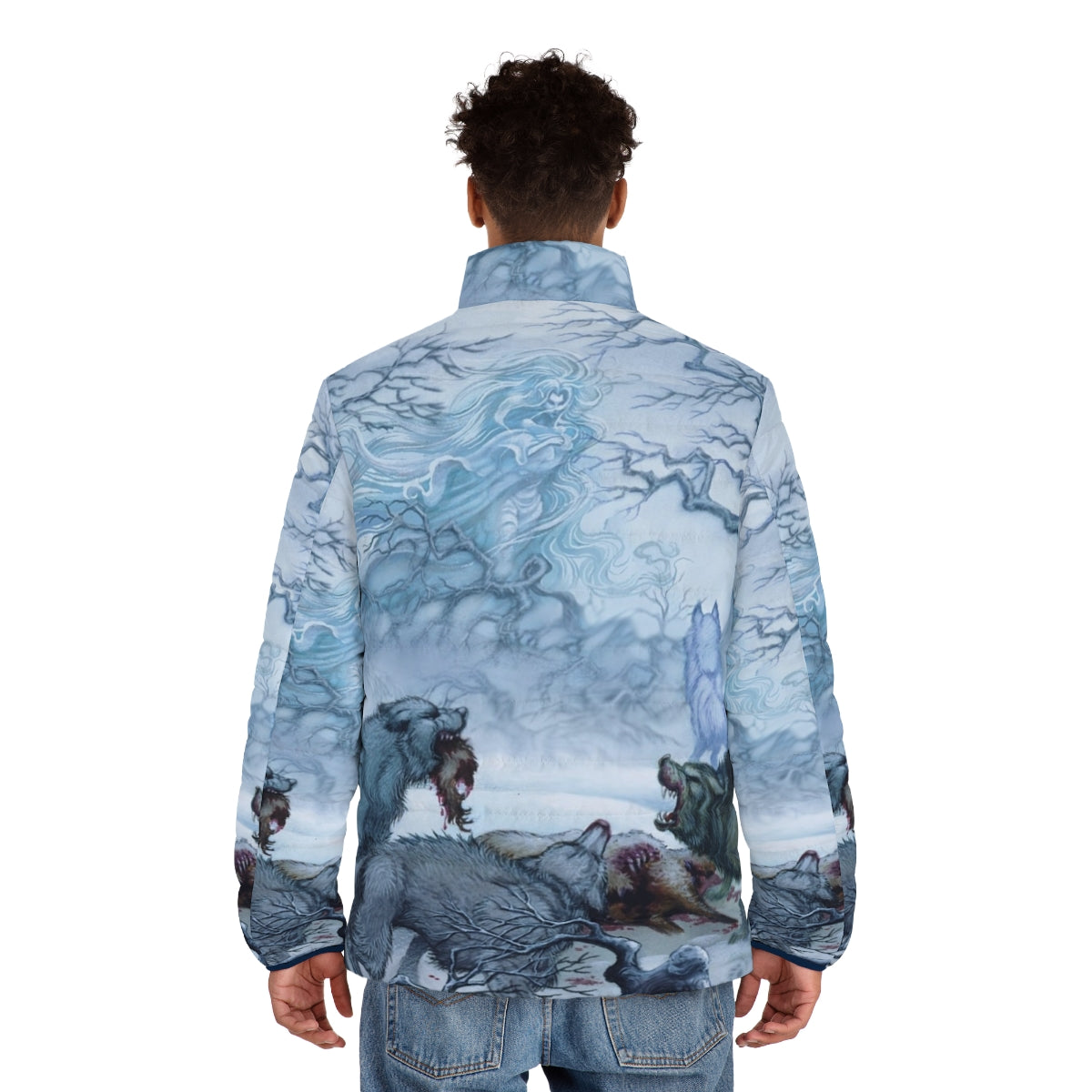 Elfquest inspired puffer jacket with wolf design - men back