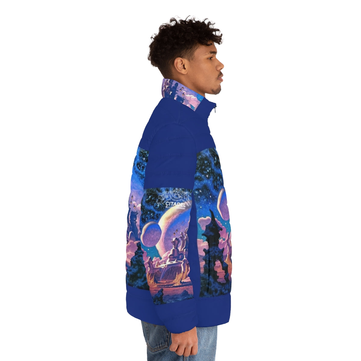 Starcastle Citadel Puffer Jacket featuring retro psychedelic art and progressive rock design - men side right