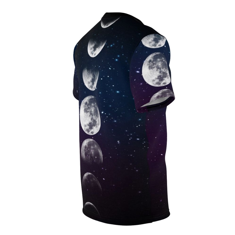 Unisex t-shirt featuring a watercolor design with the phases of the moon and a cosmic, space-inspired aesthetic. - men right