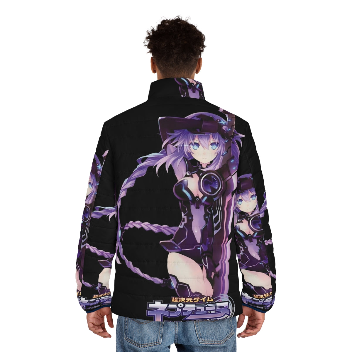 Purple Heart Puffer Jacket with Glowing Anime Sword and D-Pad Design - men back