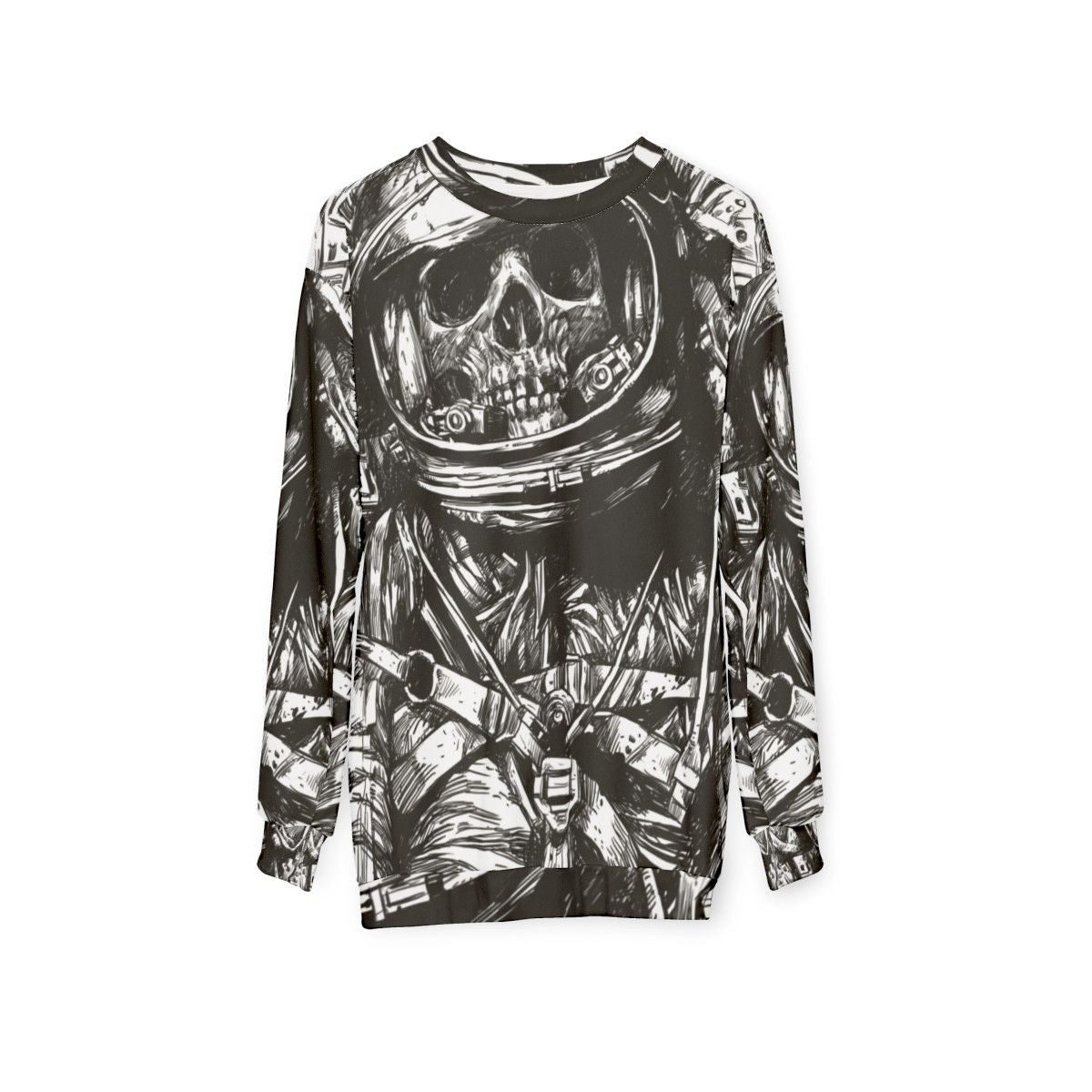 Haunting Dead Astronaut Sweatshirt with Skeleton in Space - hanging