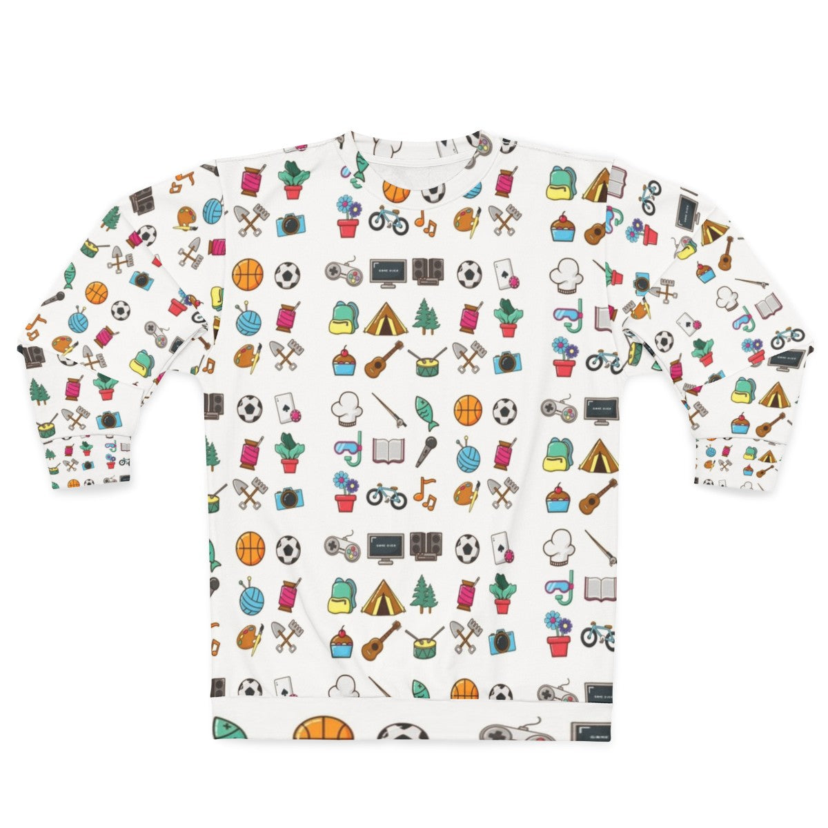 Hobbies Sticker Pack Sweatshirt featuring various hobby icons