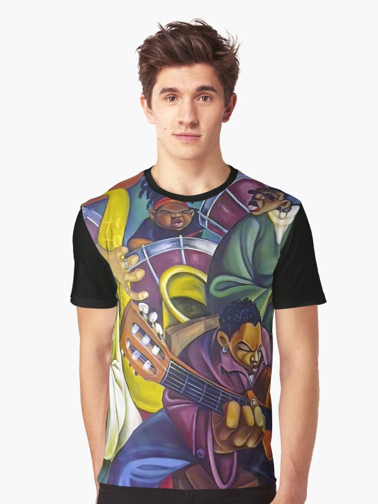 Colorful graphic t-shirt featuring a "Rainbow Children" design, perfect for music fans and artists. - Men