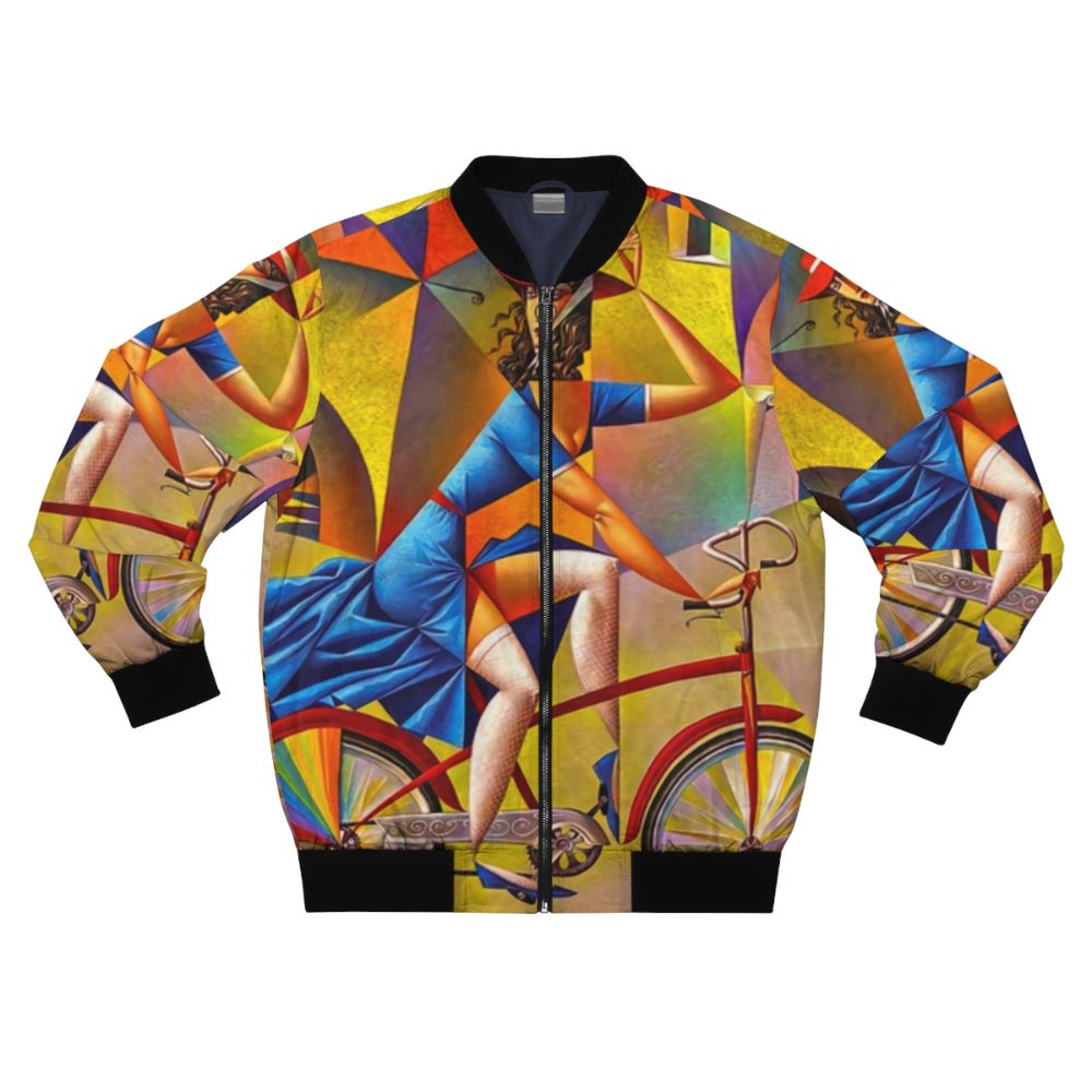 Contemporary bicycle bomber jacket designed by Georgy Kurasov, featuring colorful, emotive, and cubic art elements.