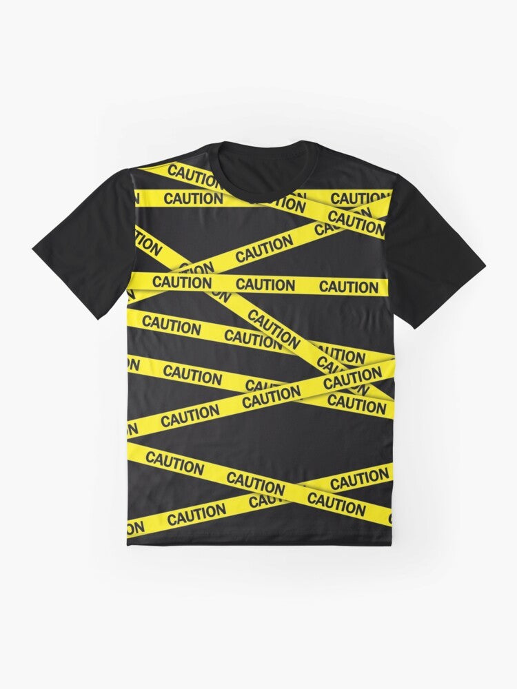 Caution tape graphic t-shirt featuring a bold, bright yellow and black warning design - Flat lay