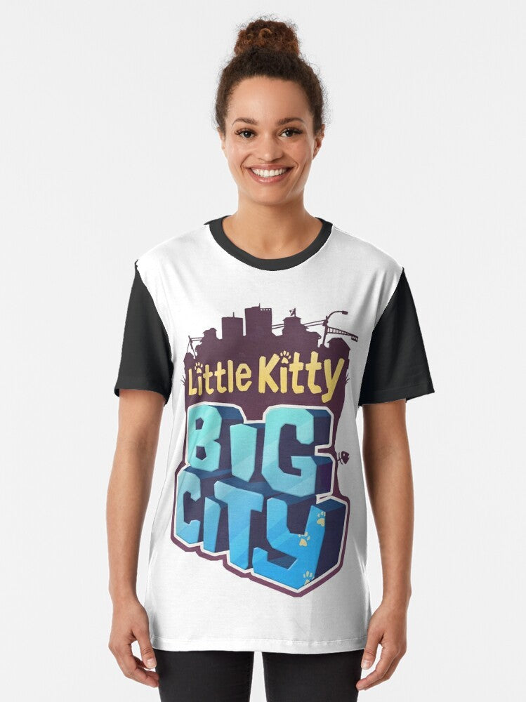 Little Kitty exploring the Big City in an adventure video game graphic t-shirt design - Women