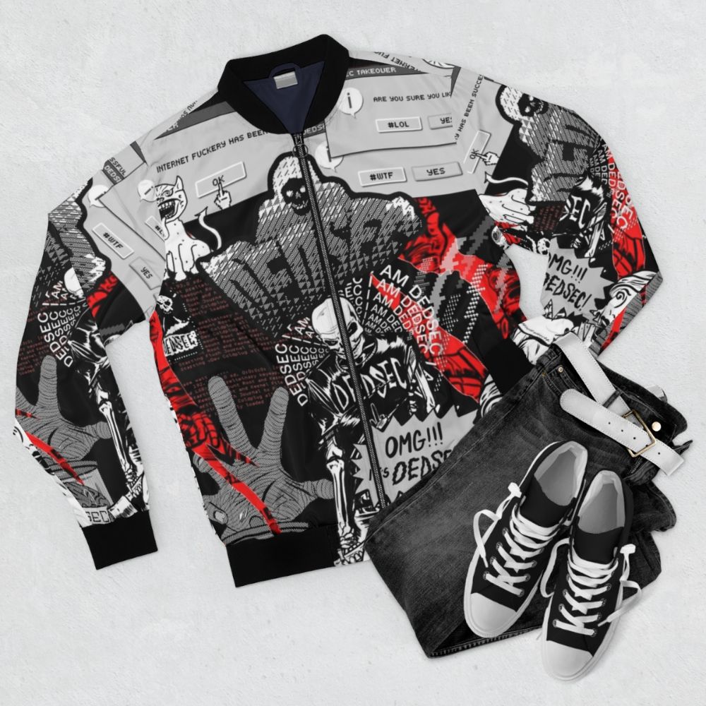 Dedsec cyberpunk-inspired bomber jacket with urban, video game-inspired design - Flat lay