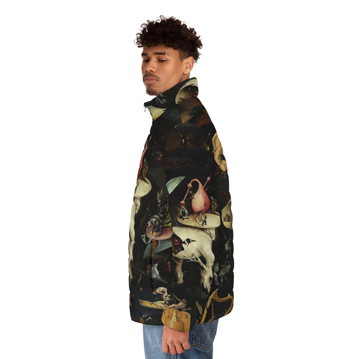 Hieronymus Bosch inspired puffer jacket featuring surreal, fantasy, and Christian imagery - men side left