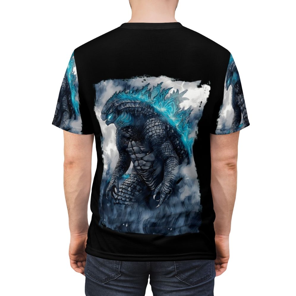 Vintage monster movie inspired all-over print t-shirt featuring a classic Godzilla-style design - men back