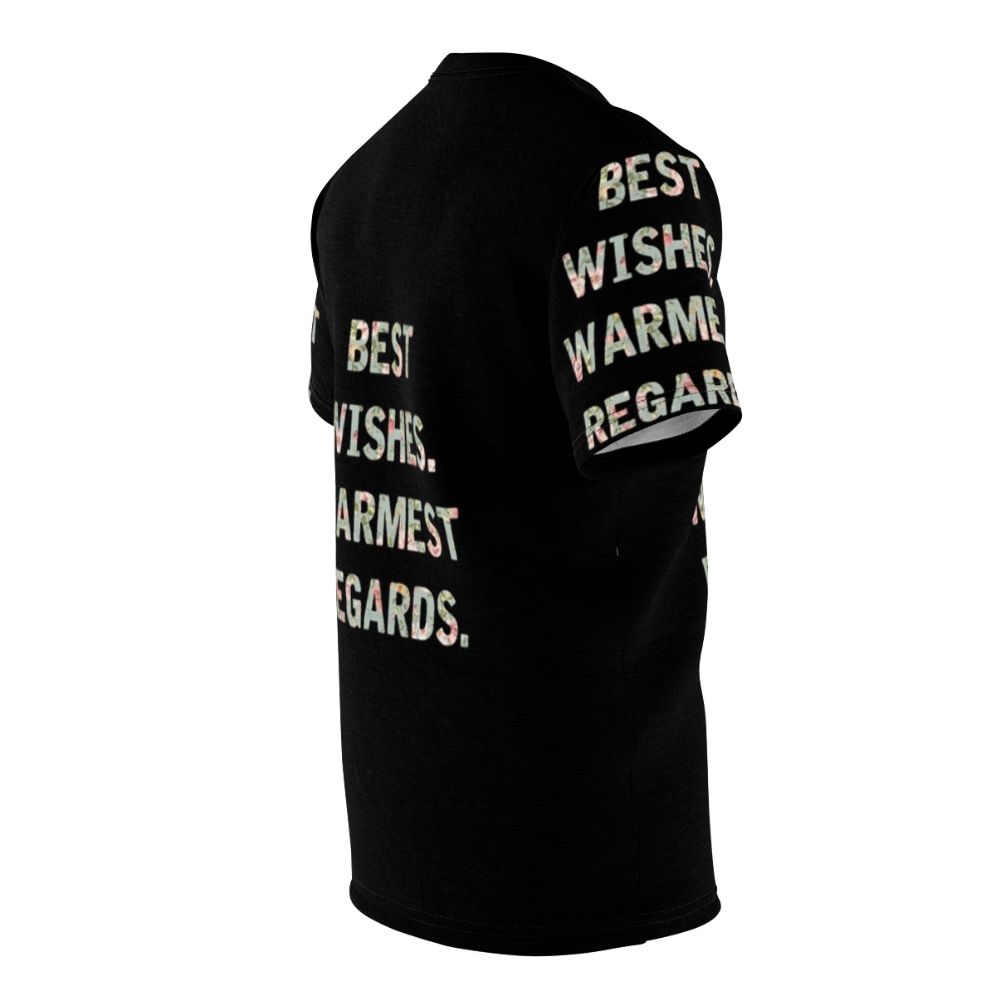 Schitt's Creek inspired AOP t-shirt featuring the iconic "Best Wishes Warmest Regards" phrase - men right