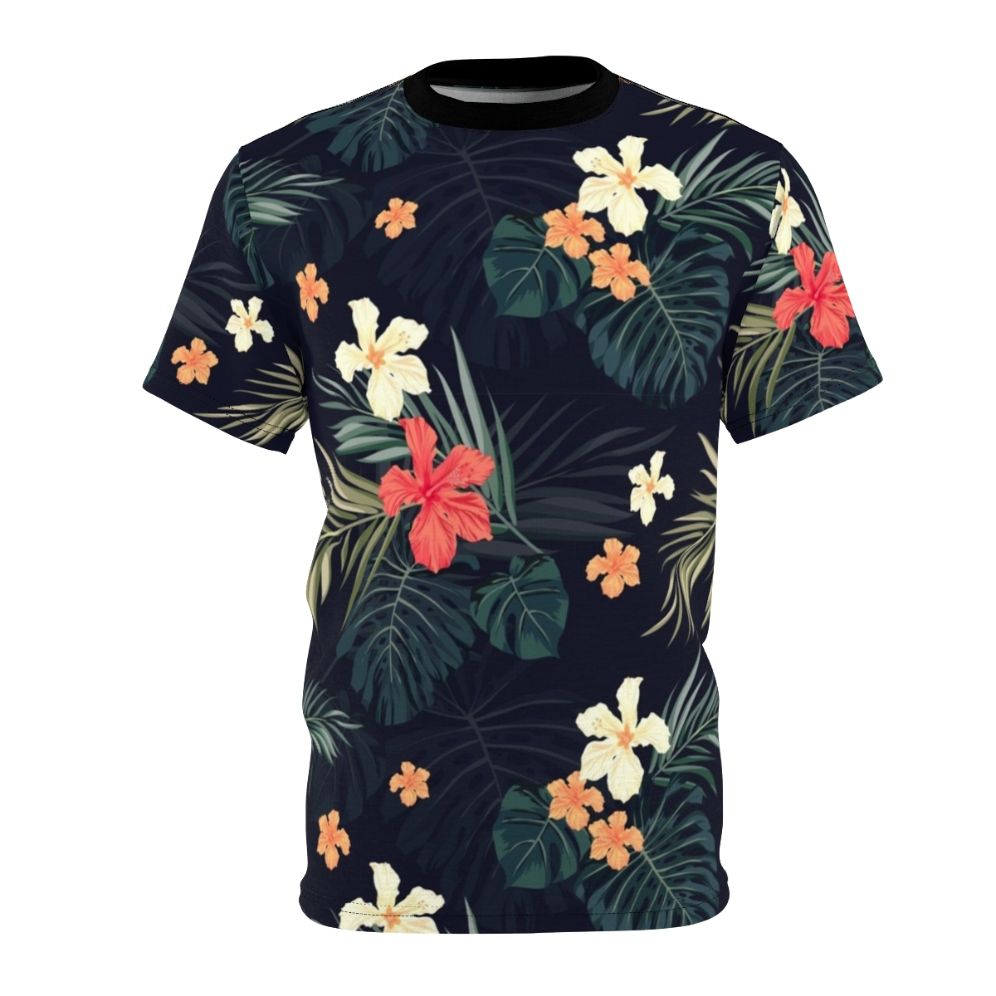 Model wearing a dark t-shirt featuring a tropical floral pattern design.