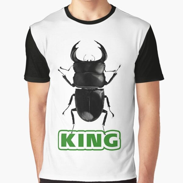 King of Beetles Graphic T-Shirt featuring a stag beetle design in black and glittering details