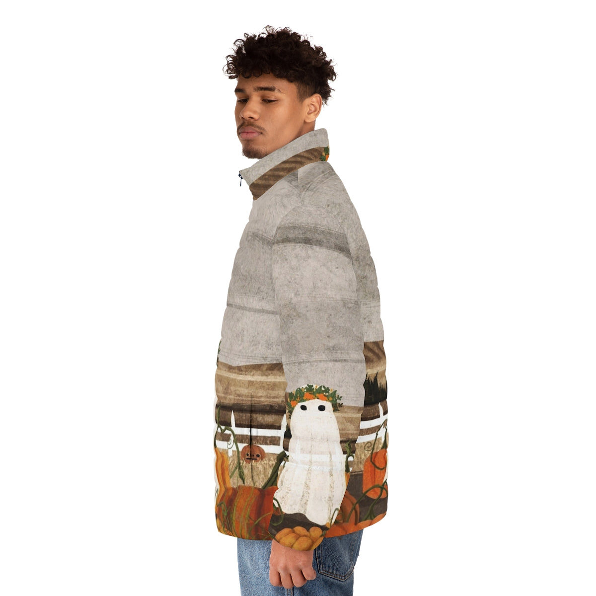 Puffer jacket with a vintage-inspired ghost and pumpkins in a haunted landscape - men side left