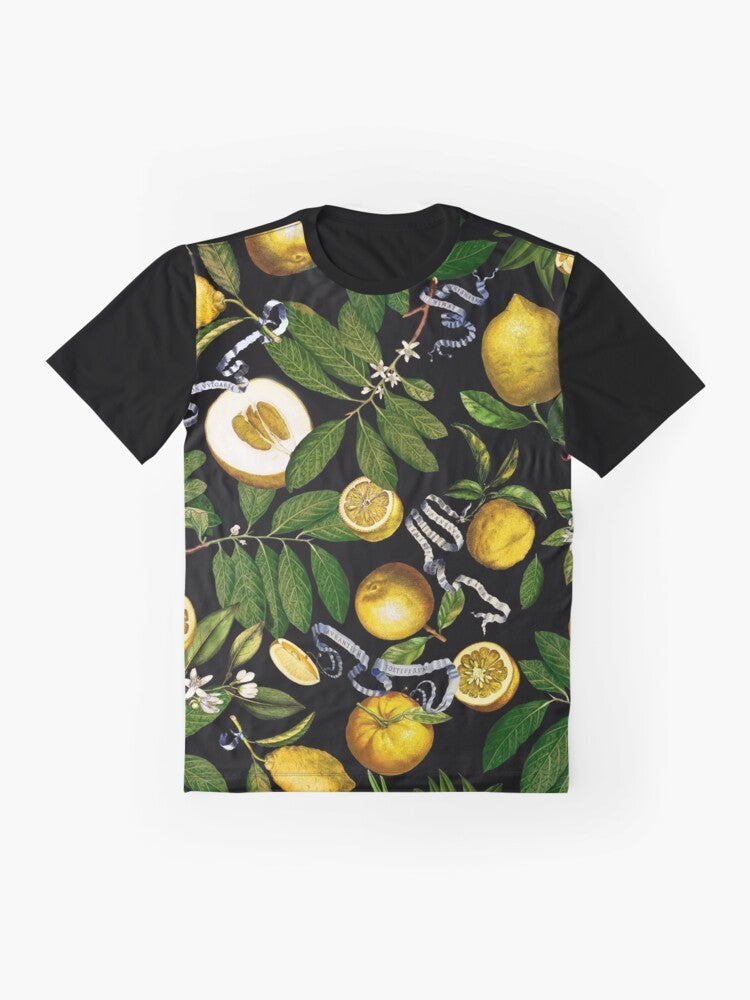 Lemon tree graphic design on a black t-shirt - Flat lay