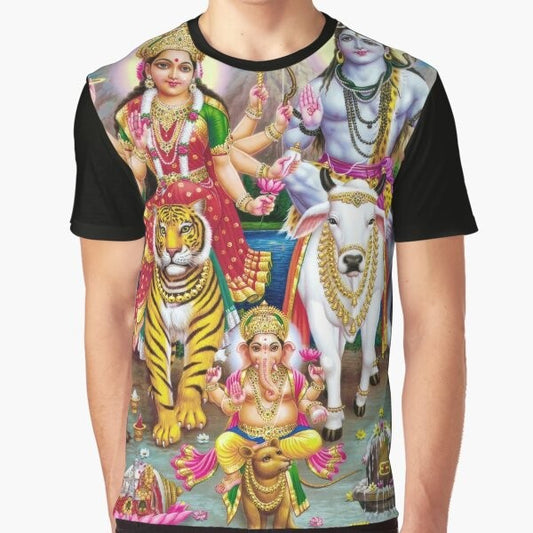 Hindu deities Shiva, Parvati, and Ganesha depicted in a colorful graphic design on a t-shirt