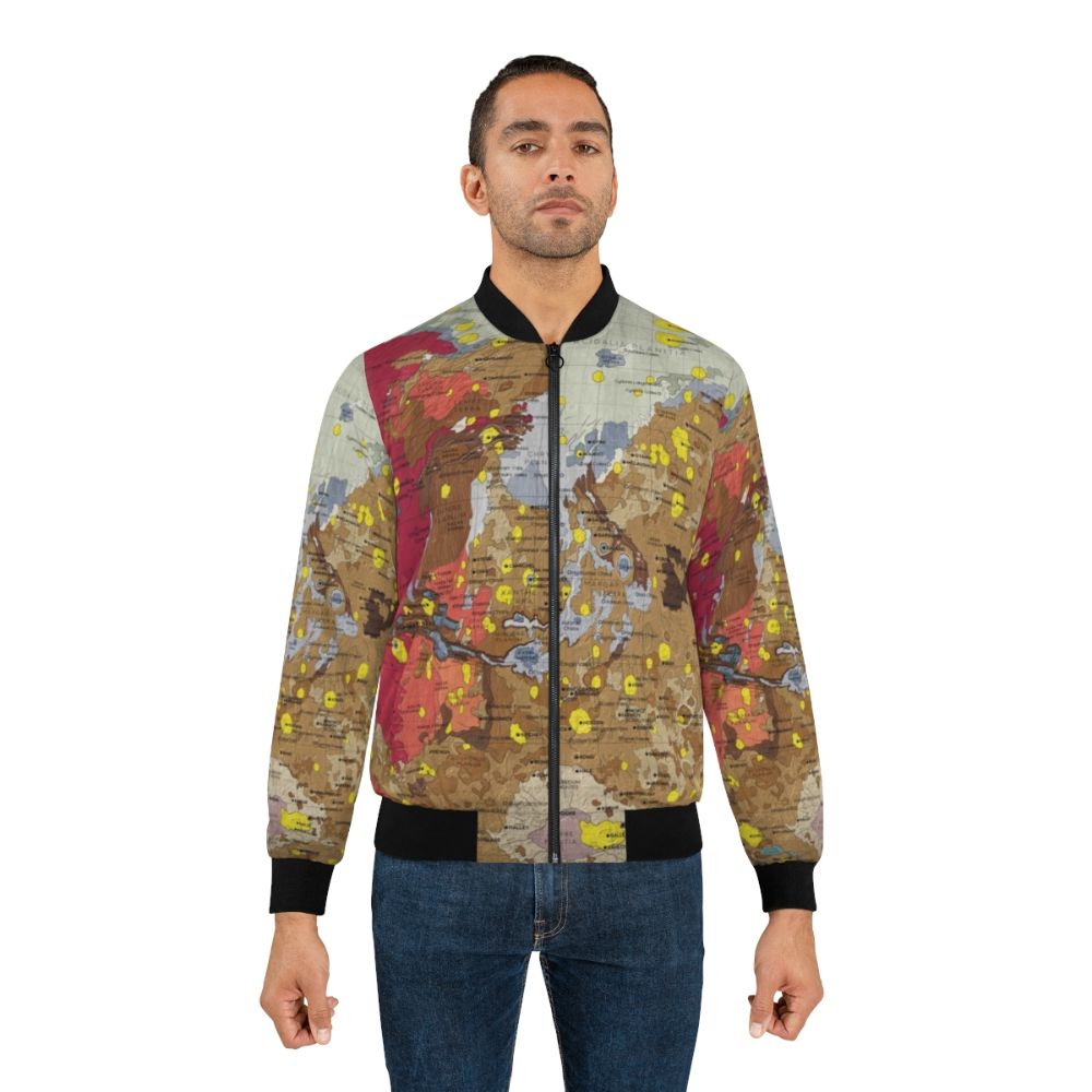 Bomber jacket featuring a detailed infographic design of the geology and landscape of the planet Mars - Lifestyle