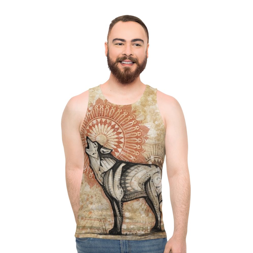 Wolf Totem Unisex Tank Top with Spiritual Mandala Design - men