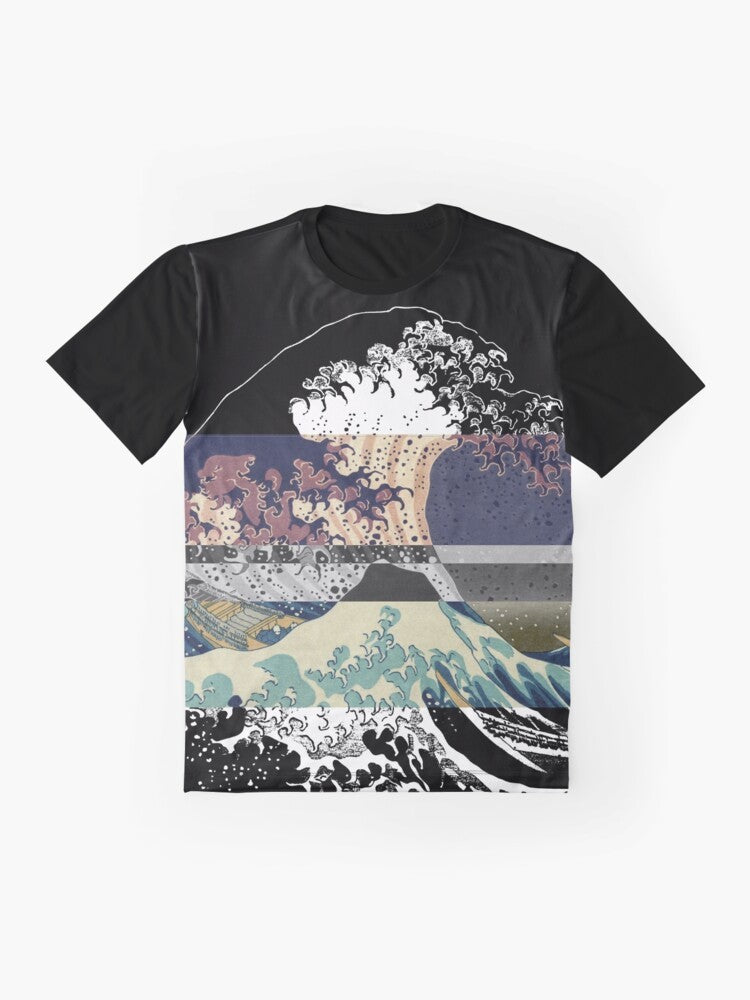 A graphic t-shirt design featuring the iconic "The Great Wave off Kanagawa" by Hokusai with a color glitch effect, evoking a tumblr aesthetic. - Flat lay