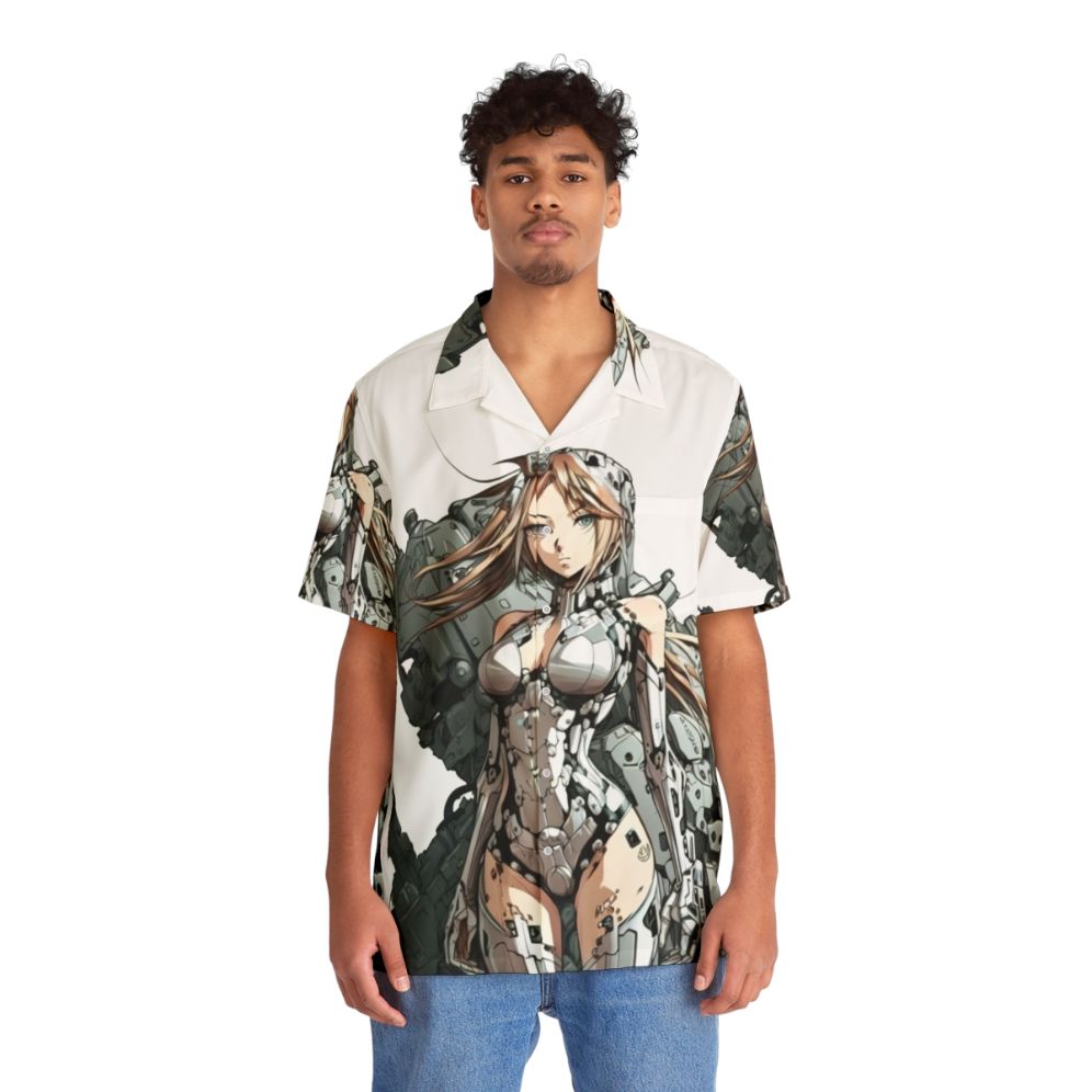 Armored anime girl wearing a gray and purple Hawaiian style shirt - Lifestyle