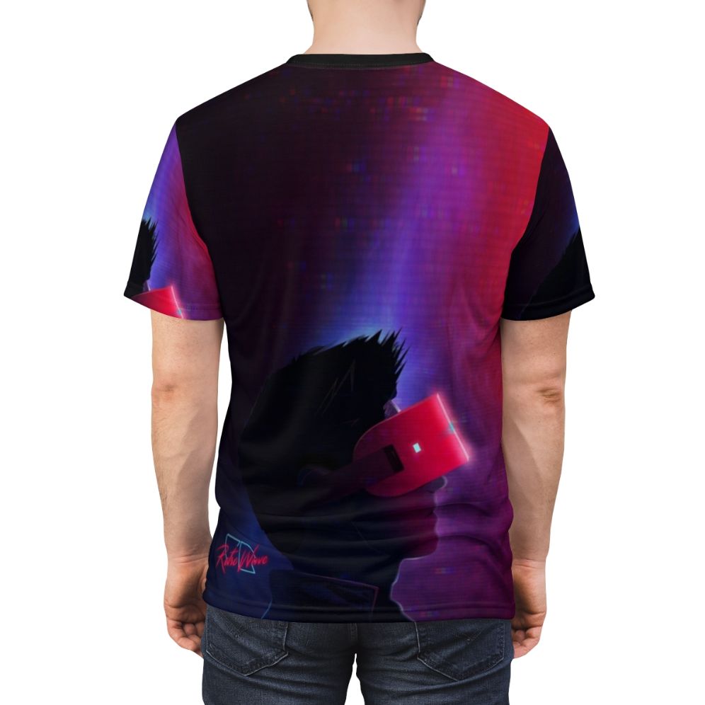 Retro futuristic virtual reality-inspired t-shirt with cyberpunk retrowave design - men back