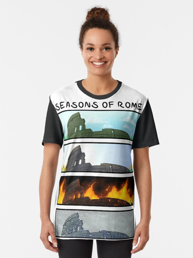 Graphic t-shirt featuring the "Seasons of Rome" design by Overly Sarcastic Productions - Women