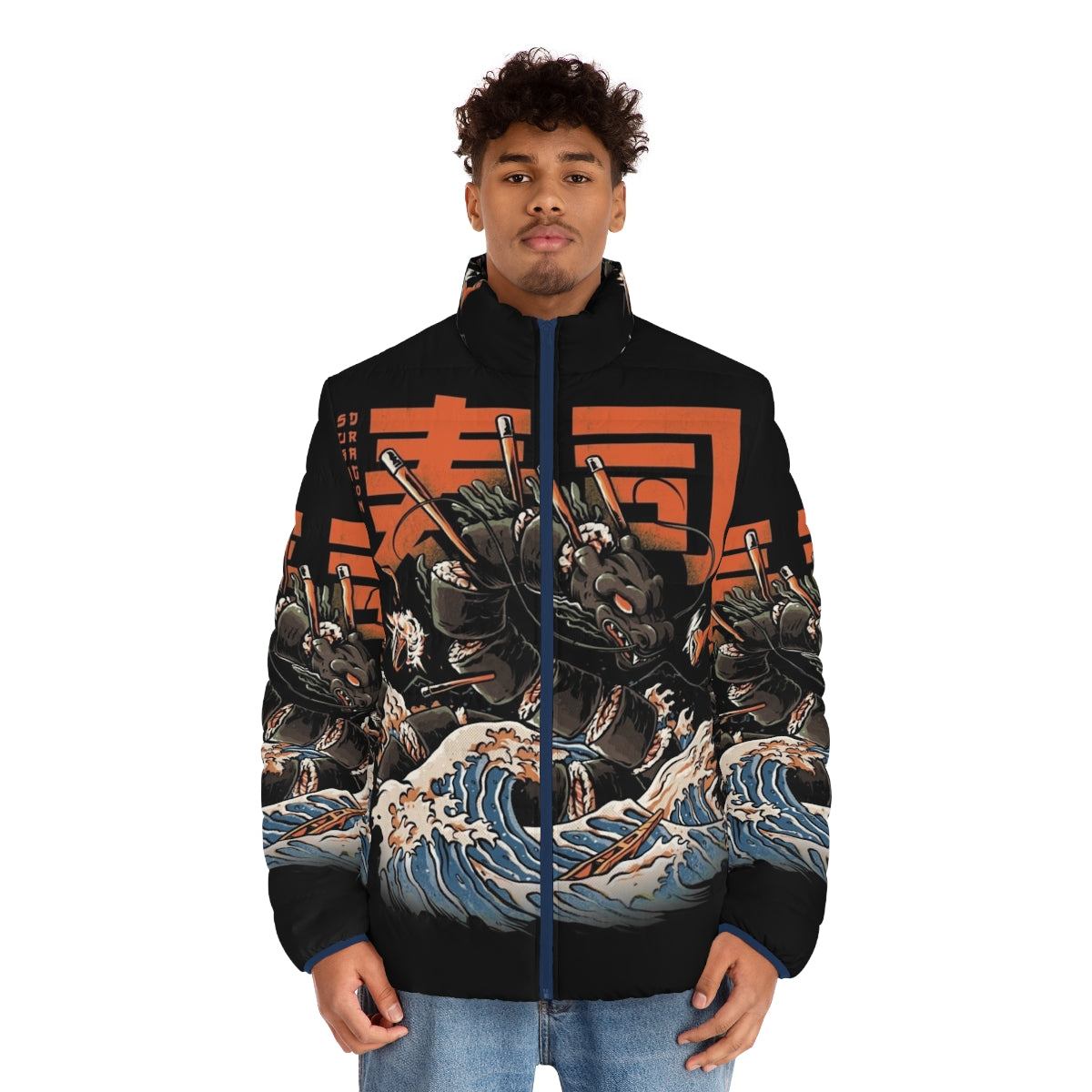 Black puffer jacket with sushi dragon graphic design - men front