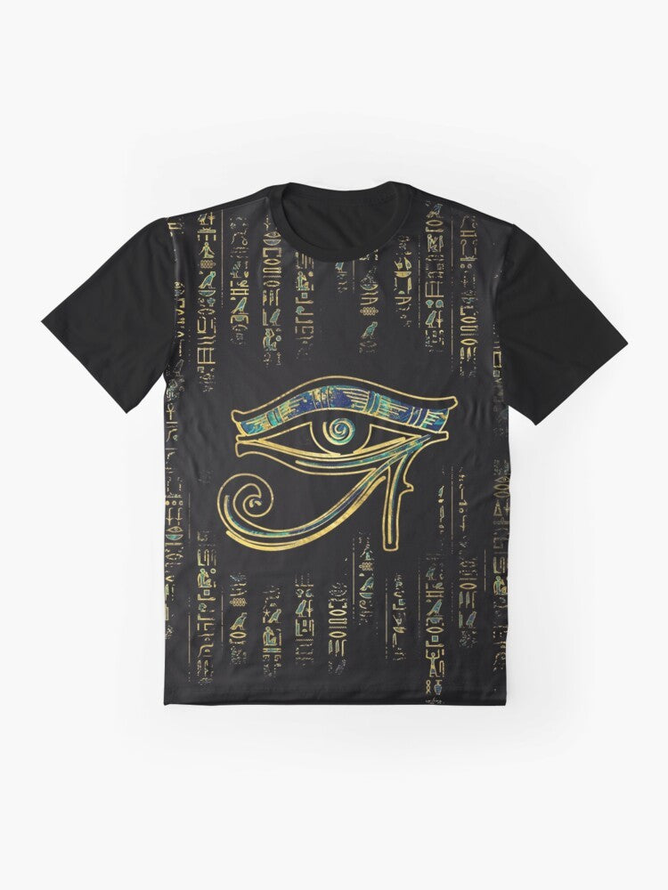 Egyptian Eye of Horus symbol on a gold and marble graphic t-shirt with hieroglyphics - Flat lay