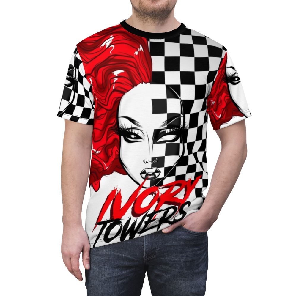 A person wearing a t-shirt with a vibrant checkerboard design and a drag queen graphic. - men front