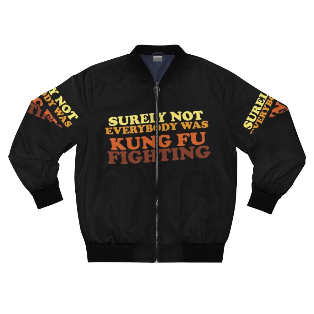 A retro-style bomber jacket with the iconic "Surely Not Everybody Was Kung Fu Fighting" design, featuring martial arts and 70s music references.