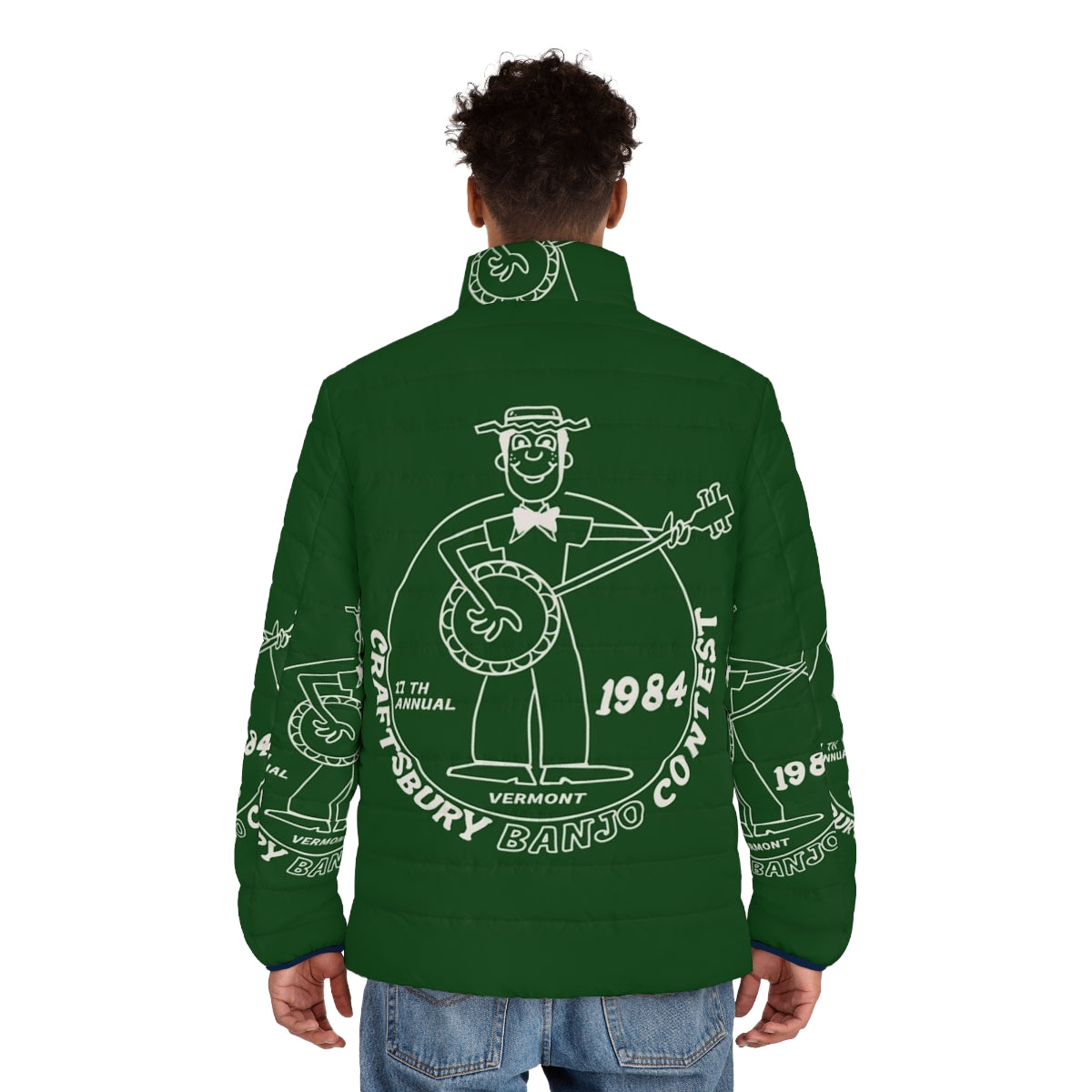 Vintage style puffer jacket with 1980s horror and banjo contest design - men back