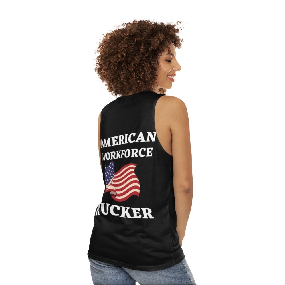 Patriotic American workforce unisex trucker tank top - women back