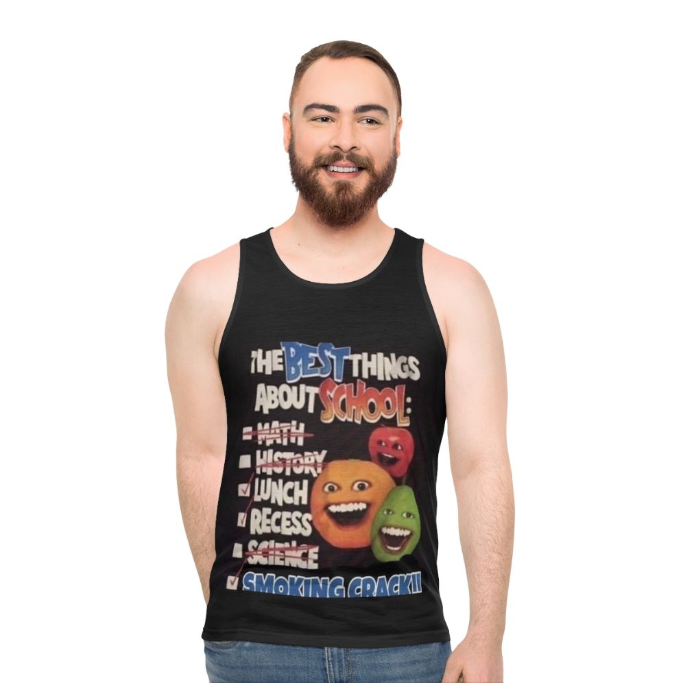 Annoying Orange inspired unisex tank top with a humorous school-themed graphic - men