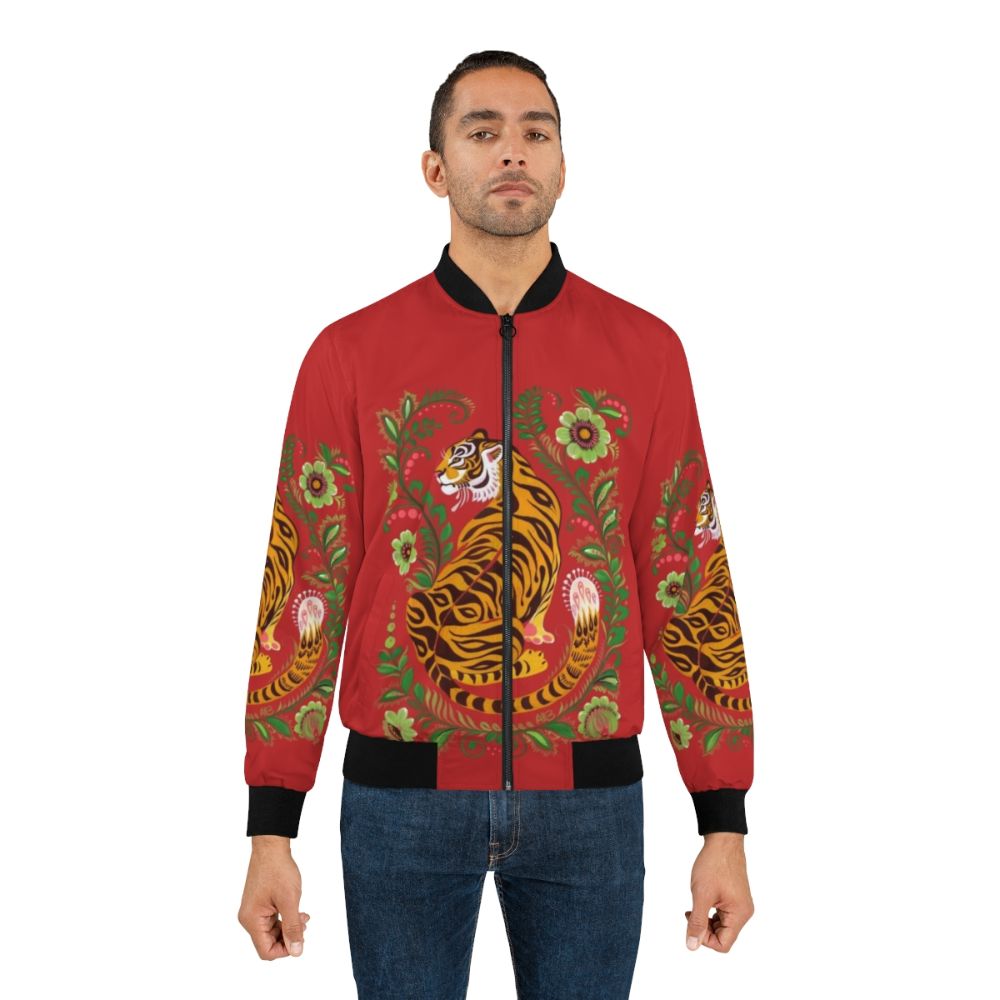 Tiger folk art printed bomber jacket with wild cat design - Lifestyle