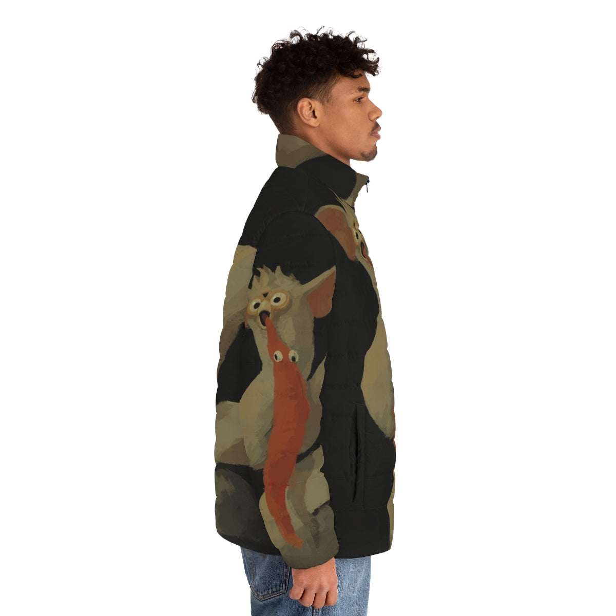 Puffer jacket featuring a disturbing depiction of the Greek god Saturn devouring his son, a dark and bizarre space-inspired design. - men side right