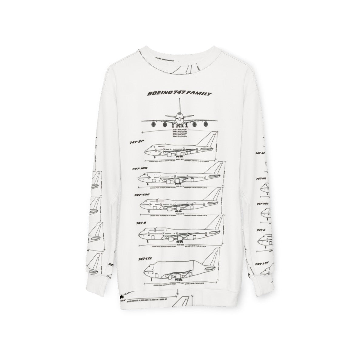 Boeing 747 blueprint design on a white sweatshirt - hanging