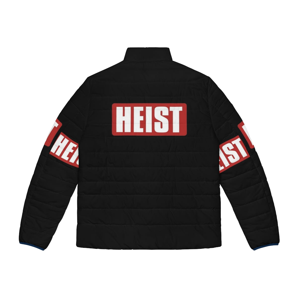 Stylish money heist puffer jacket with text art design - Back