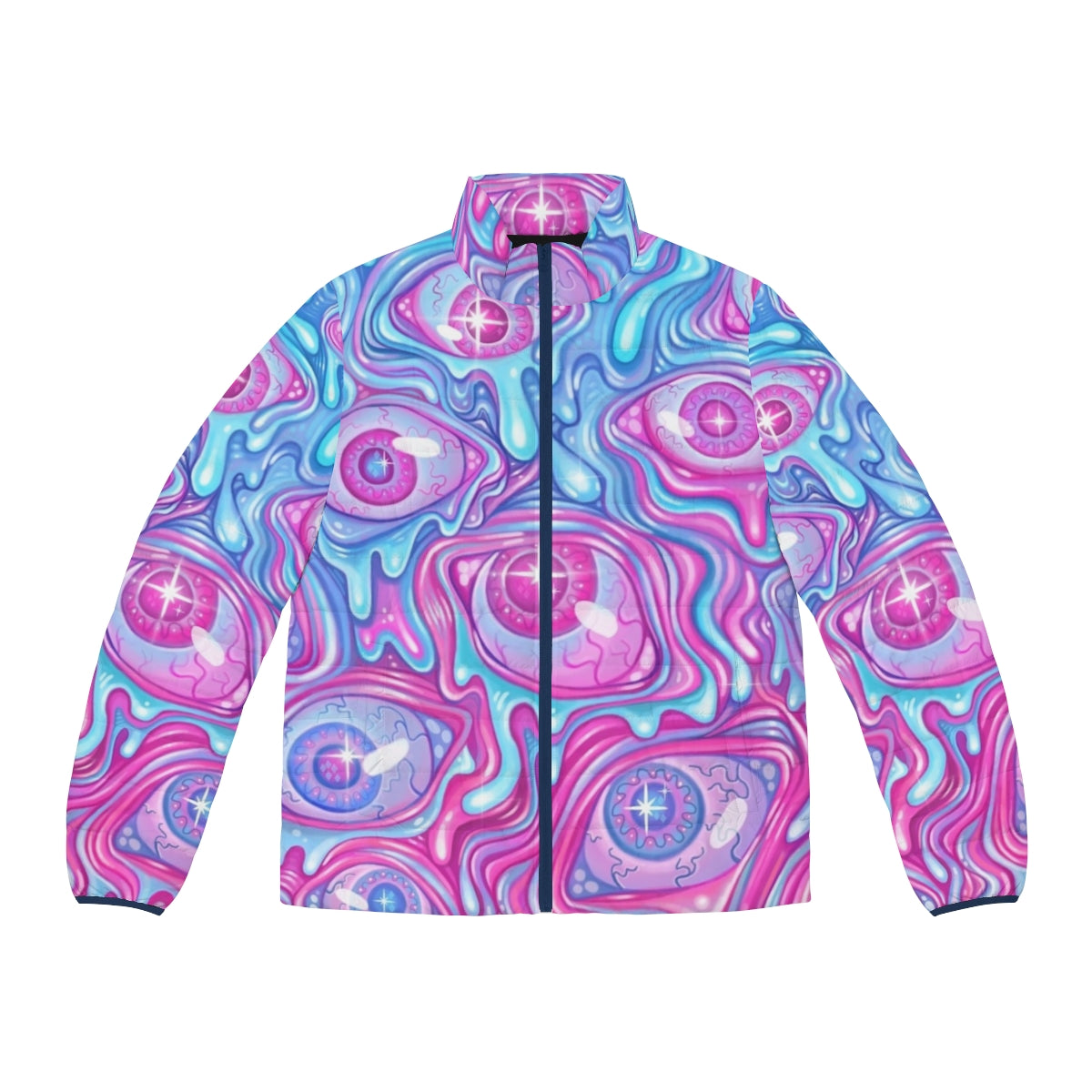 Colorful puffer jacket with a vibrant eyeball pattern design