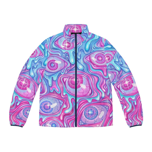 Colorful puffer jacket with a vibrant eyeball pattern design