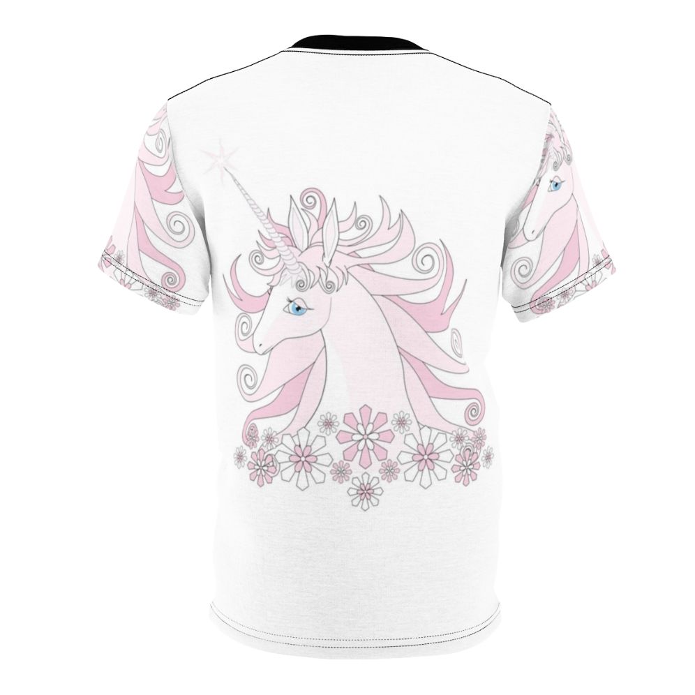 A whimsical t-shirt featuring a beautiful pink unicorn in a fantasy landscape - Back