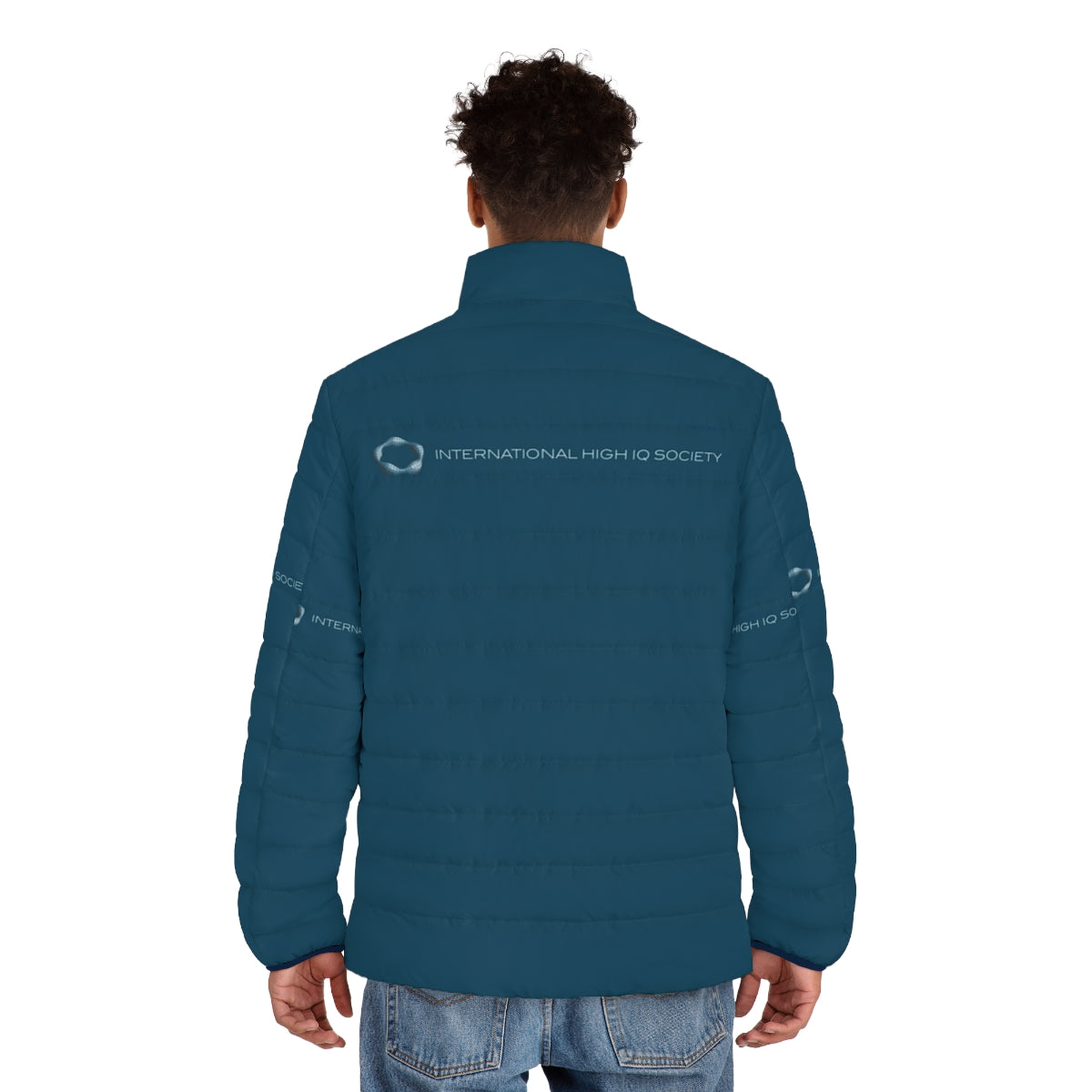 Blue puffer jacket with High IQ Society logo for gifted and intelligent individuals - men back