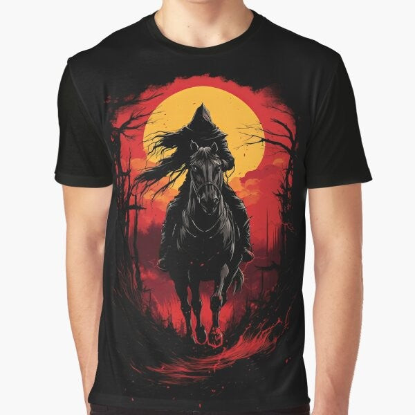 Spooky horseman graphic t-shirt with a dark, Halloween-themed design