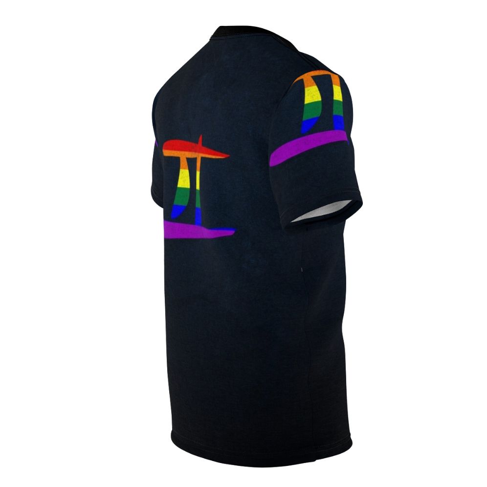 Colorful LGBTQ pride flag with Gemini zodiac symbol on a t-shirt - men right