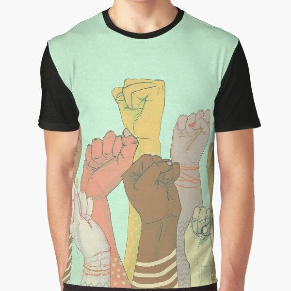 A colorful graphic t-shirt design featuring interlocked hands and arms, symbolizing unity, diversity, and togetherness.