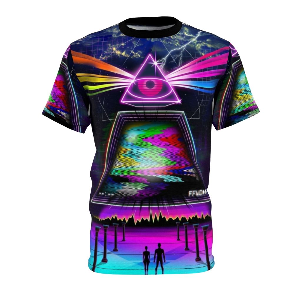 Retro glitch 80s t-shirt with cyberpunk style design featuring static, VHS, and retro elements.