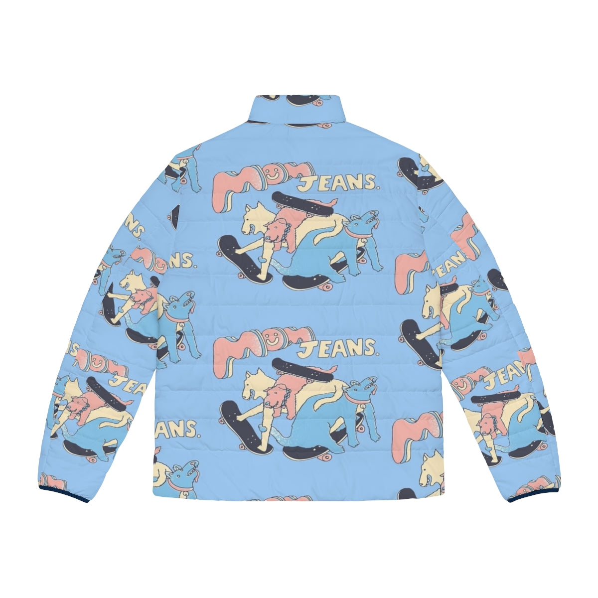 Colorful puffer jacket with mom jeans band and puppy love design - Back