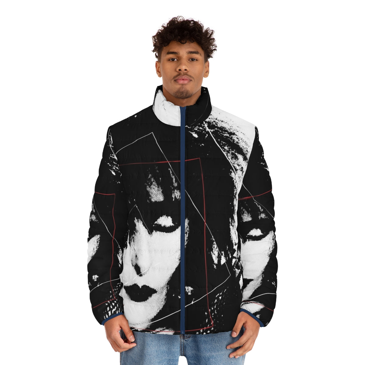 Siouxsie Sioux inspired puffer jacket with punk rock and goth fashion details - men front