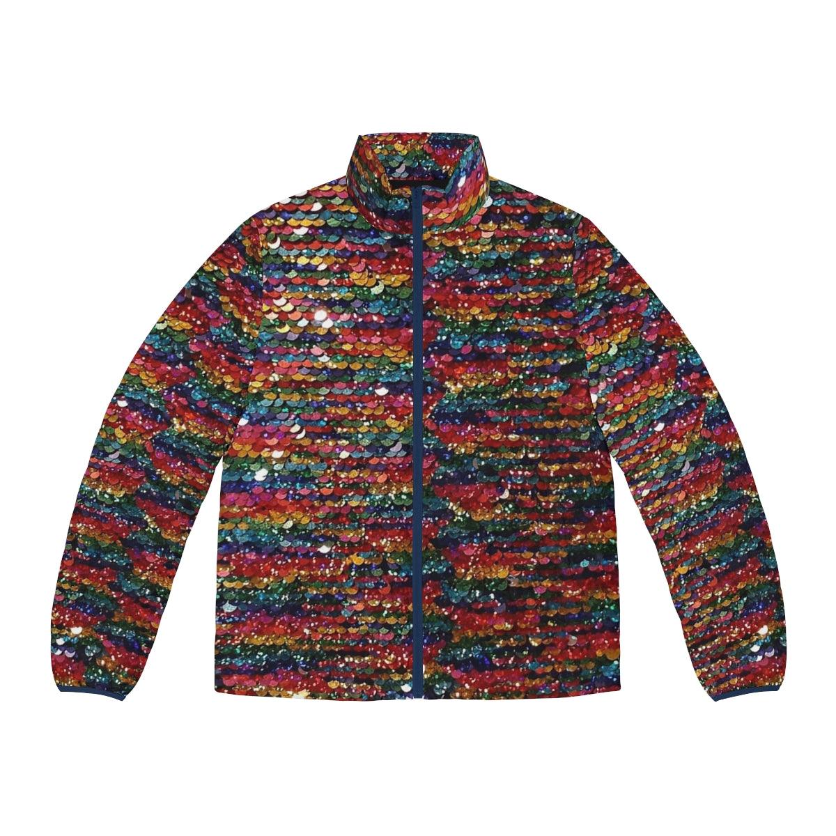 Vibrant rainbow sequin puffer jacket with a sparkling, iridescent finish