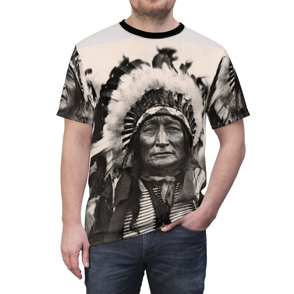 Comanche-inspired t-shirt with a striking native american pattern design - men front